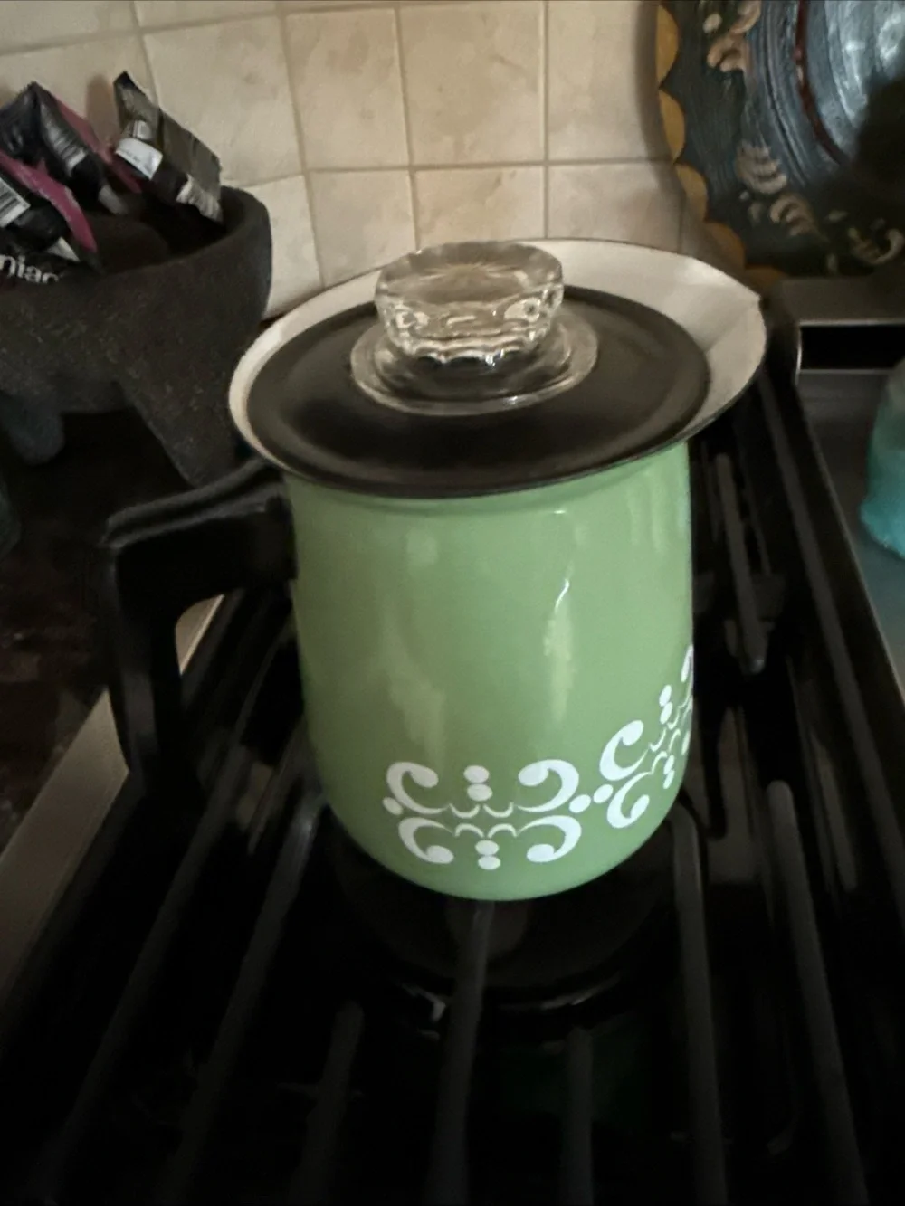 Vintage Green Decorative Enamel coffee pot with Glass Lid